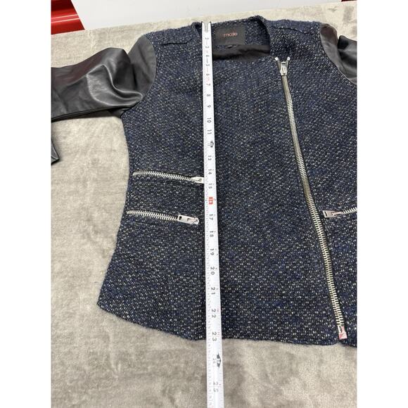 Maje Black Tweed Leather Sleeve Moto Zip Jacket FR 38 US 6 Chic Parisian Style - Picture 10 of 12